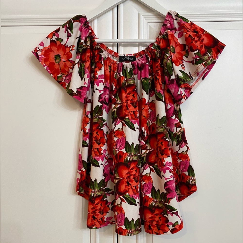 Eclipse Size Small Short Ruffle Sleeve Top Pink Red Flowers Elastic Neckline